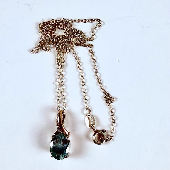 Duet Aquamarine Pendant 925 Silver 10K Gold Diamond Accents 18" Necklace VTG - Picture 2 of 8